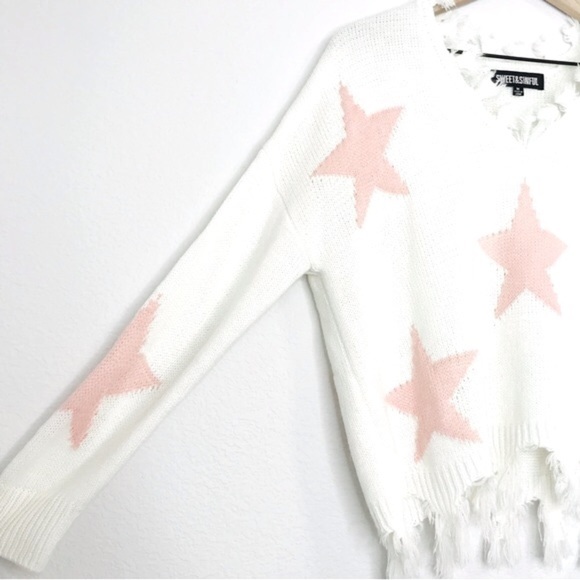 Oversized Soft Knit Chewed Hem Pink Stars V Neck Sweater - Picture 7 of 9